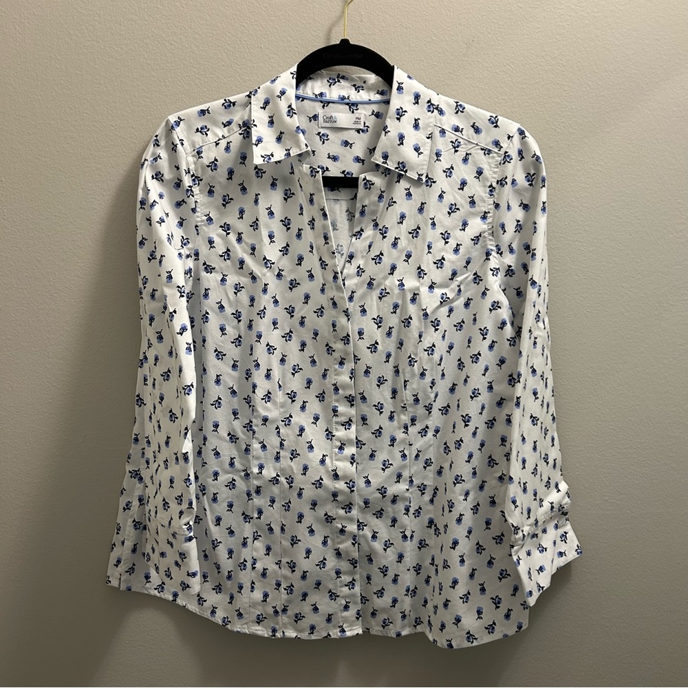 Croft & Barrow White Blouse, Blue Floral Design